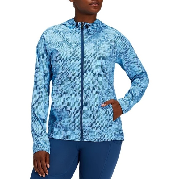 NWT ASICS Wind/Water Resistant Lightweight Hood Full Zip Packable Jacket Blue L - Picture 1 of 16